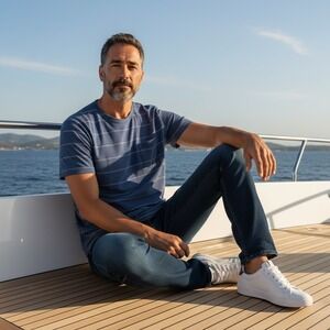 Marine Layer Blue and Silver Short Sleeve Tee with front pocket